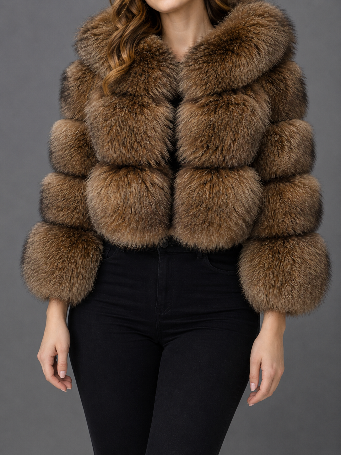 Chaqueta de mapache Natural con capucha