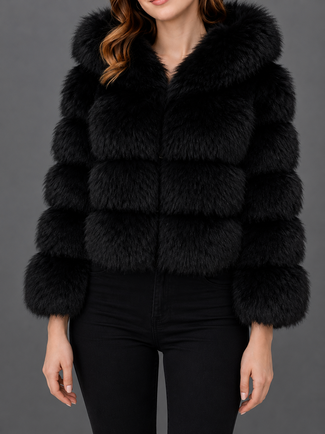 Chaqueta de mapache Natural con capucha