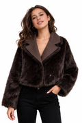 Chaqueta Corta de Pelo Sintético Marrón con Solapa Elegante