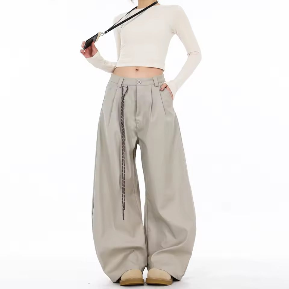 Pantalón Wide Leg de Tiro Alto con Detalle de Cordón Decorativo